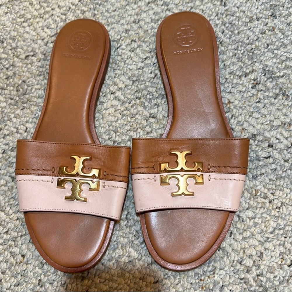 Tory Burch Tan and Pink Slide Sandals